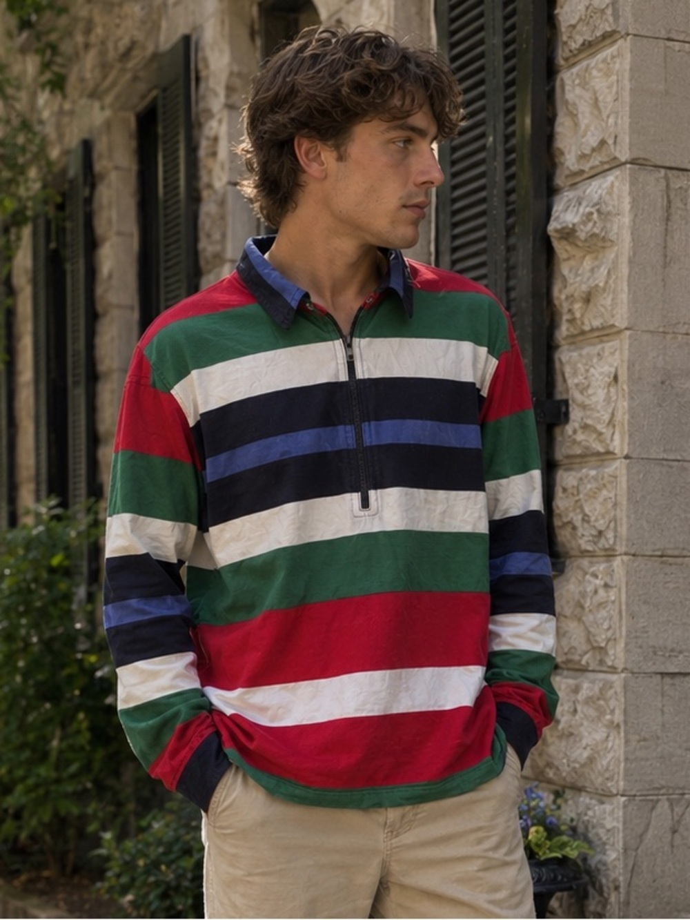 Vintage Tommy Hilfiger Rugby Shirt Half Zip Striped Mens M Y2K 90s Preppy Ivy